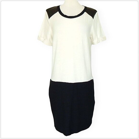 Splendid Black Ivory White Faux Leather Trim Drop Waist Knit T-Shirt Dress M - Picture 1 of 4